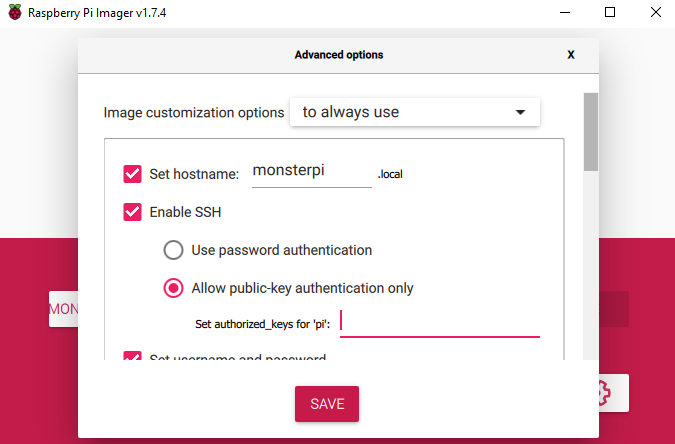 Screenshot of Raspberry Pi Imager advanced options