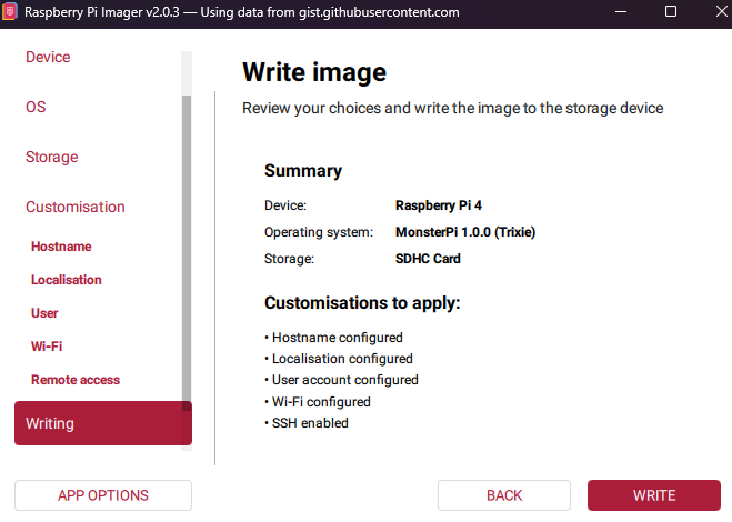 Raspberry Pi Imager with customization options enabled