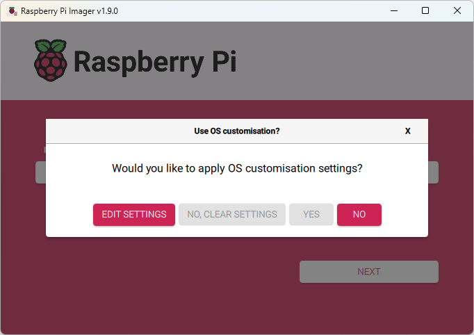 Raspberry Pi Imager Customize OS Dialog