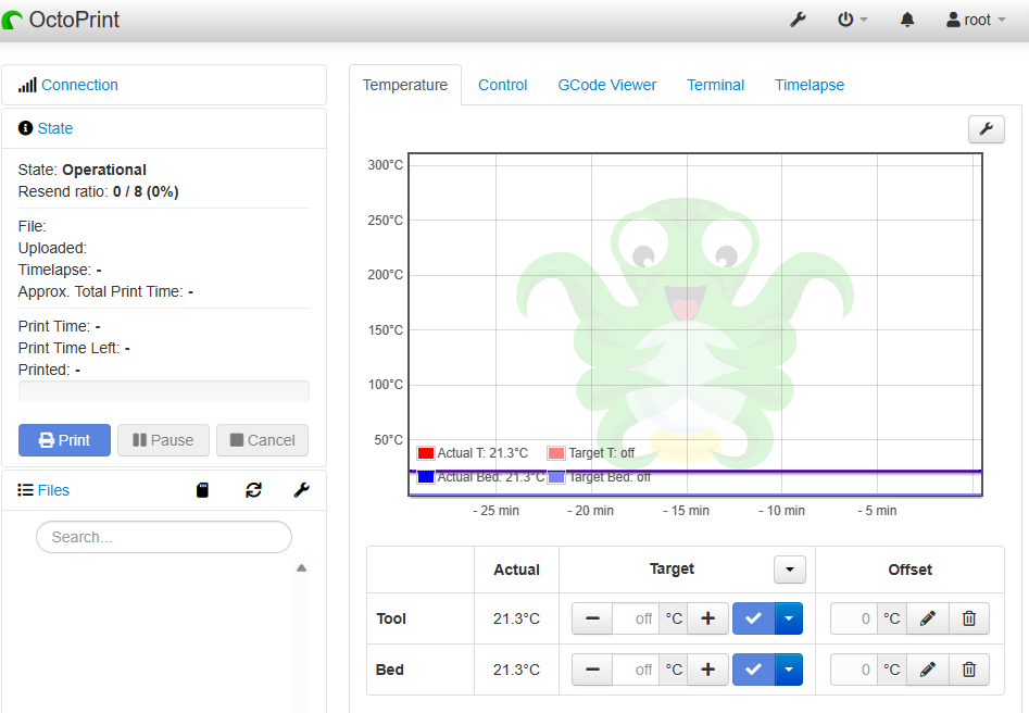 OctoPrint dashboard with a printer connected.